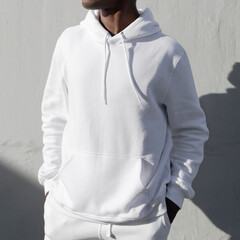 White trendy hoodie street style menswear fashion shoot