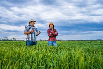 Proud two generations farmers are standing in their barley field and examining crops. Senior man is teaching his successor about the farming.