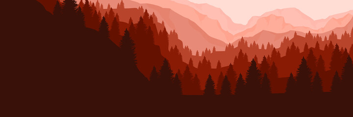 sunset forest mountain flat design vector illustration for banner design, web banner, wallpaper, template design, and tourism template