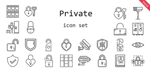private icon set. line icon style. private related icons such as security, password, door hanger, lock, lockers, biography, cctv, padlock, locker, unlocked, doorknob,
