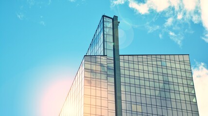 Modern building in the city with sunlight. Abstract texture and blue glass facade in modern office building., Retro stylized colorful tonal filter effect.