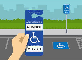 Hand holding a handicap placard. Disabled parking permit identification card. Flat vector illustration template.