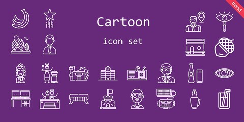 cartoon icon set. line icon style. cartoon related icons such as jacuzzi, castle, sink, doorman, university, mall, tree, bananas, acorn, soda, employee, boy, eye, robot, stewardess, chicken coop