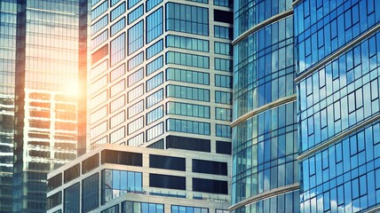 Obraz premium Modern building in the city with sunlight. Abstract texture and blue glass facade in modern office building., Retro stylized colorful tonal filter effect.