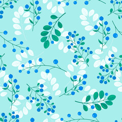 Vector seamless pattern with blue berries and green leaves.