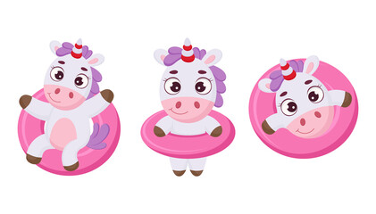 Set of cute magical unicorn floats on pink circle. Funny magic unicorn cartoon character for print, cards, baby shower, invitation, wallpapers, decor. Bright colored childish stock vector illustration