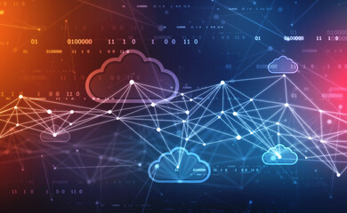 2d illustration of Cloud computing, Digital Cloud computing Concept background. Cyber technology, internet data storage, database and mobile server concept