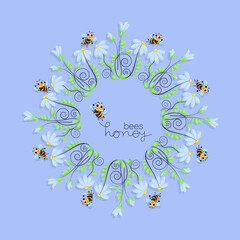 Honey bees. Swarm. Chamomile frame. World Bee Day. Bee swarming, honey bees fly in chamomile meadow