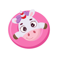 Funny magic unicorn floats on pink circle. Cute magical unicorn cartoon character for print, cards, baby shower, invitation, wallpapers, decor. Bright colored childish stock vector illustration.
