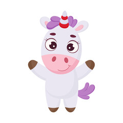 Cute magical unicorn. Funny magic unicorn cartoon character for print, cards, baby shower, invitation, wallpapers, decor. Bright colored childish stock vector illustration.