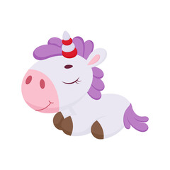 Cute magical unicorn sleeping. Funny magic unicorn cartoon character for print, cards, baby shower, invitation, wallpapers, decor. Bright colored childish stock vector illustration.