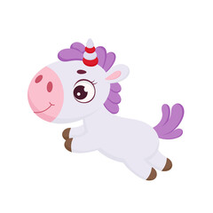 Cute magical unicorn jumping. Funny magic unicorn cartoon character for print, cards, baby shower, invitation, wallpapers, decor. Bright colored childish stock vector illustration.