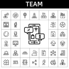 team icon set. line icon style. team related icons such as woman, student, video, employee, newtons cradle, network, skills, ball, file, negotiation, man, scoreboard, gorilla