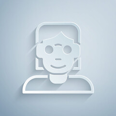 Paper cut Hacker or coder icon isolated on grey background. Programmer developer working on code, coding, testing, debugging, analysing. Paper art style. Vector