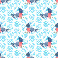 Seamless pattern of cute bullfinches and snowflakes. Light backdrop with blue snowflakes. Christmas pattern. Hand-drawn watercolor illustrations on a white background. For textiles, wrapping paper.