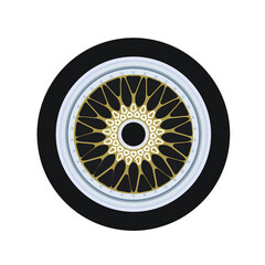 Car aluminum wheel retro old style in gold color with small screws. Black tire rubber. - obrazy, fototapety, plakaty