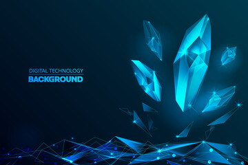 Abstract Digital Futuristic Glittering Transparent Digital Scattering Clear Crystals and Triangle Polygons as the Ground on Glowing Dark Blue Background Illustration Vector Template Design Concept