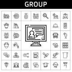 group icon set. line icon style. group related icons such as student, vase, discussion, employee, building, candidate, library, towel, spoon, hat, mask, group, zoom in, lockers