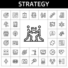 strategy icon set. line icon style. strategy related icons such as workflow, branding, link, advertising, dart board, target, analytics, skills, planning, vision, balance