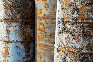 Close up of old rusty metal barrels with Sea Pocks, used as water buoys onshore