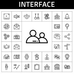 interface icon set. line icon style. interface related icons such as smartwatch, upload, shovel, carousel, photo camera, line chart, timer, bar, search, share, live, email