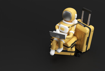 3d Render Astronaut Working on Laptop Sitting on Travel Bag 3d illustration Design.