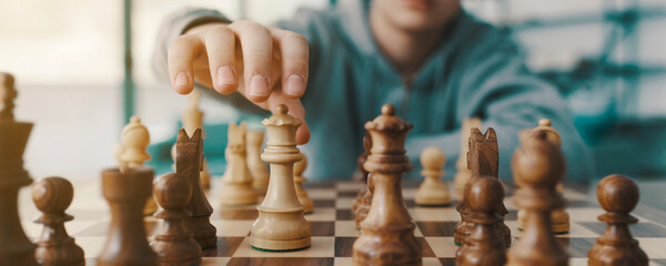 Boy playing chess and moving a piece