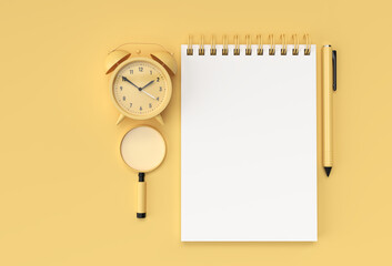 Fototapeta na wymiar 3D Render Pen and Notepad with Alram Clock on the Pastel Yellow Background.