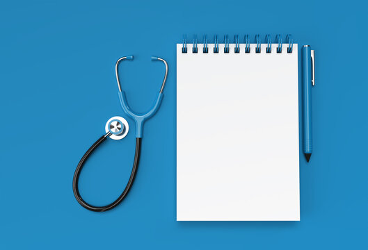 3D Render Pen and Notepad with Doctor Stethoscope on the Pastel Blue Background.