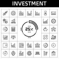 investment icon set. line icon style. investment related icons such as profits, wallet, rising, piggy bank, coins, calculating, money bag, dollar, bank, balance, percentage