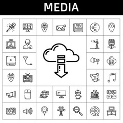 media icon set. line icon style. media related icons such as newspaper, megaphone, funnel, news reporter, musical note, advertising, carousel, film reel, network, voice recorder