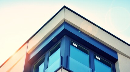 Apartment residential house and home facade architecture and outdoor facilities. Blue sky on the background. Sunlight. Retro filter.