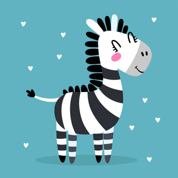 Cute baby zebra in flat cartoon style. Funny black and white hand-drawn horse. Vector illustration for print, children's book, poster, fabric.