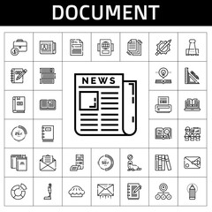 document icon set. line icon style. document related icons such as newspaper, paper clip, book, seal, bill, pie chart, pencil, pie, presentation, task, books, file, open book