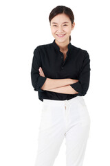Asian adorable cheerful business working woman with hair tied wearing casual black shirt, happily and confidently smiling, posing and pulling collar, standing on isolated white background cutout.