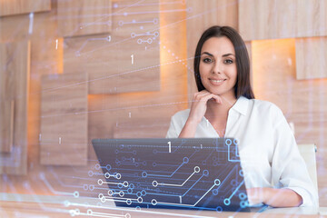 Attractive businesswoman in white shirt at workplace working with laptop to optimize development by...