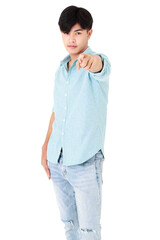 Fototapeta premium Asian handsome short black hair man wearing casual blue shirt and jeans, smart posing, pointing and looking at camera while standing on isolated white background cutout.