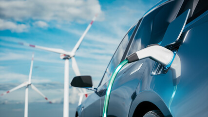 Car charging on the background of a windmills. Charging electric car. Electric car charging on wind turbines background. Vehicles using renewable energy. 3d render © Steamaze