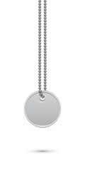 Empty round silver military or dogs badge hanging on steel chain. Vector army object isolated on white background. Pendant with blank space for identification, blood type in case of death and injury.
