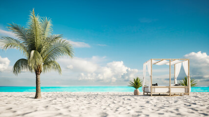 Lounge bed on the coast of a tropical resort. Luxury beach resort with canopy and palm tree. 3d illustration