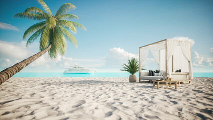 Beach white canopy on seashore. Canopy on exotic beach scene.  3d render © Steamaze