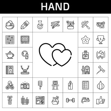 Hand Icon Set. Line Icon Style. Hand Related Icons Such As Fig, Ring, Russian Banya, Photo Camera, Robot, Mouse, Ice Cream, Divider, Tic Tac Toe, Hearts, Pen, Window Cleaner, Stick