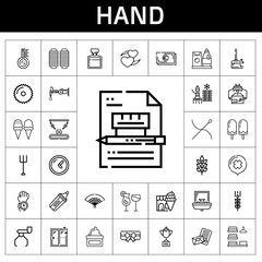 hand icon set. line icon style. hand related icons such as garter, cocktails, wiping, cold water, robot, detergent, fan, ice cream, laundry, love letter, wheat, trophy