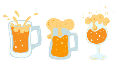 Set of various mugs with beer. Glasses mugs with handle full of light beer with foam and bubbles. Cold refreshing alcoholic drink. Pint of golden beverage with froth. Flat vector illustration.