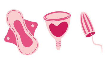 Feminine hygiene items collection. Menstrual cup, woman pads and tampons. Feminine hygiene. Flat vector illustration.