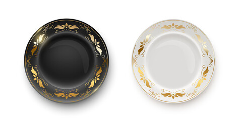 Black and white plates with golden floral pattern on border on transparent background. Empty dishes for dinner, breakfast or lunch vector illustration. Clean dishware with decoration, flat lay