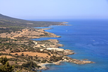 View from above to the Cyprus island sea coast with blue lagoon. Akamas cape landscape