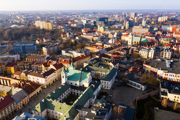 Fototapeta na wymiar Aerial view of Rzeszow overlooking building of former monastery and Church of Holy Cross, Poland