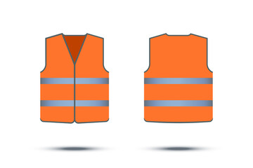 Orange safety vest with reflective strips isolated on white background. Vector work uniform, front and back view.