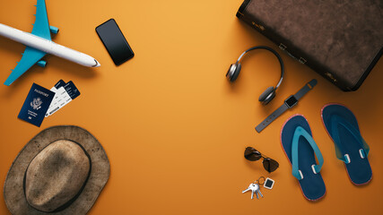 Travel accessories and items, top view. Travel vacation concept. Travel accessories top view. 3d render